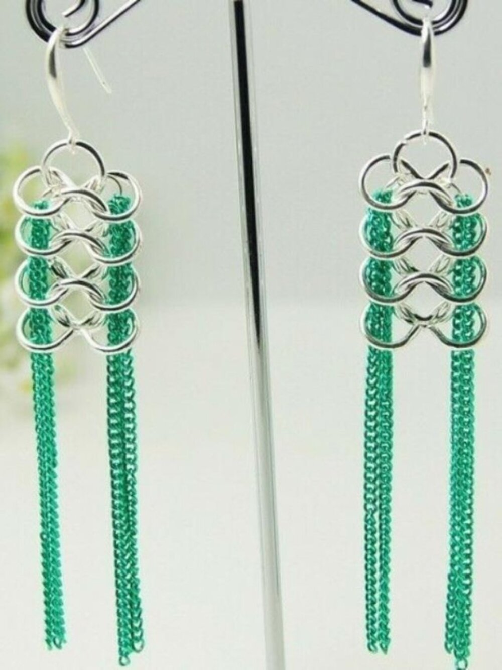 Handcrafted Long Shoulder Duster Metal Chain Earrings Silver Green